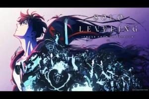 Jinwoo Sung standing in a dramatic battle pose surrounded by shadows from Solo Leveling Season 2.